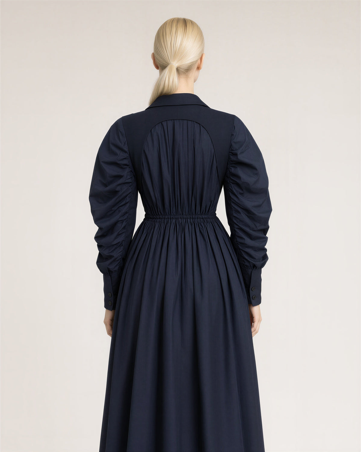Eugenia Balloon Sleeve Double Breasted Midi Trench Coat, Navy, navy, back view