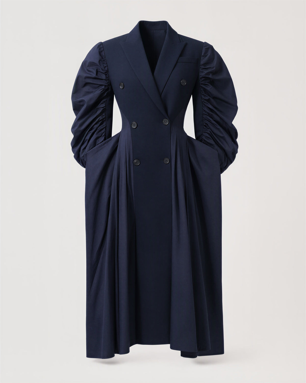 Eugenia Balloon Sleeve Double Breasted Midi Trench Coat, Navy, navy, product view without a model