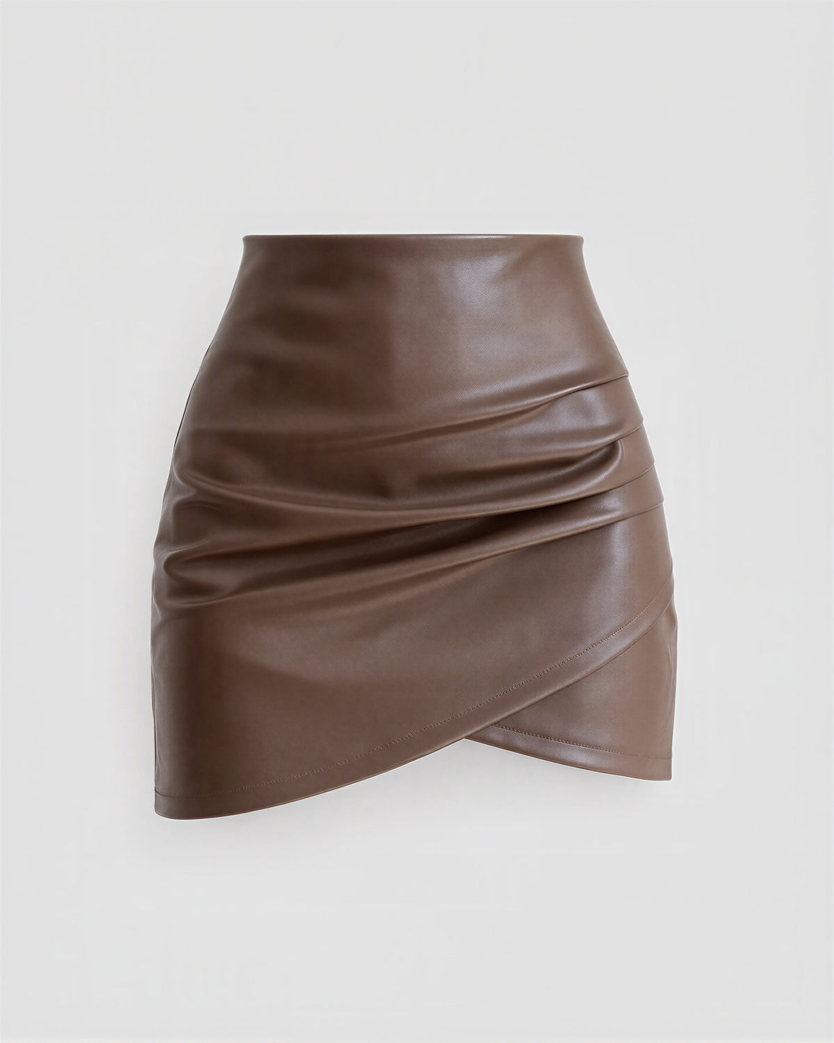 Eva Draped Wrap Faux Leather Mini Skirt, brown, product view without a model