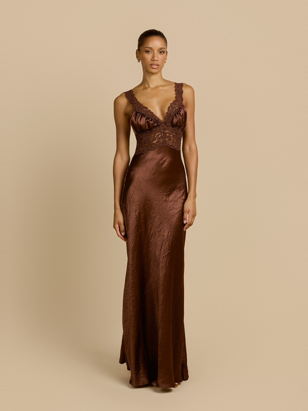 Eveline High Waist Satin Maxi Dress in Chocolate — Svelte Chic