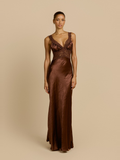 Eveline High Waist Satin Maxi Dress in Chocolate — Svelte Chic
