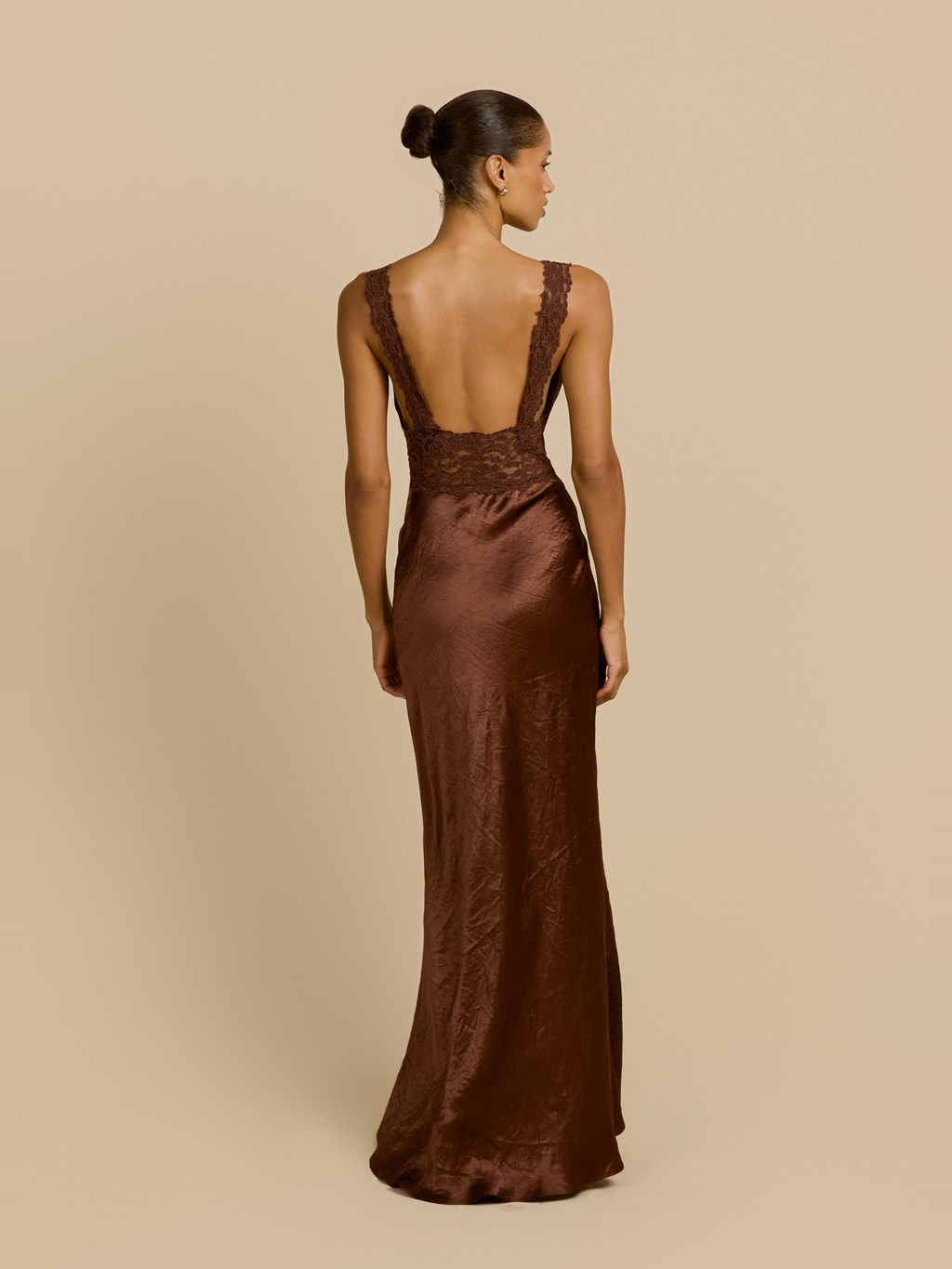 Eveline High Waist Satin Maxi Dress in Chocolate — Svelte Chic