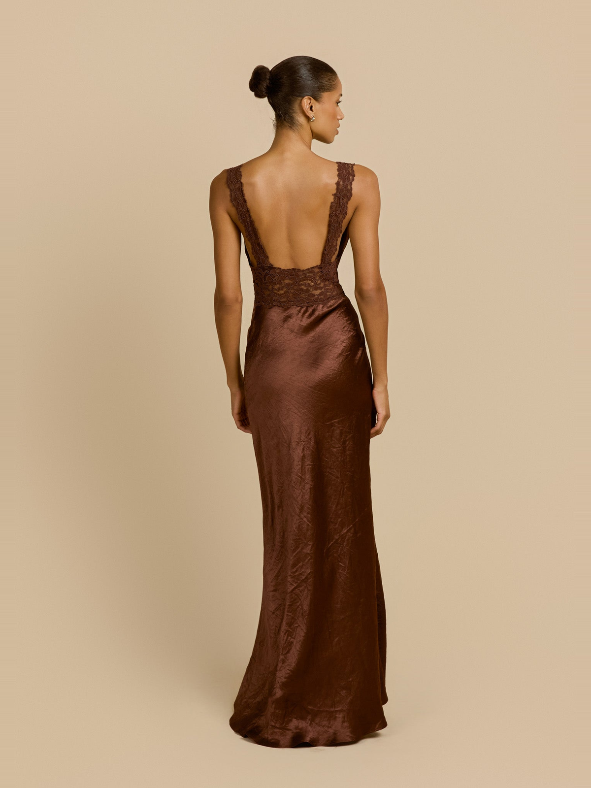 Eveline High Waist Satin Maxi Dress in Chocolate — Svelte Chic
