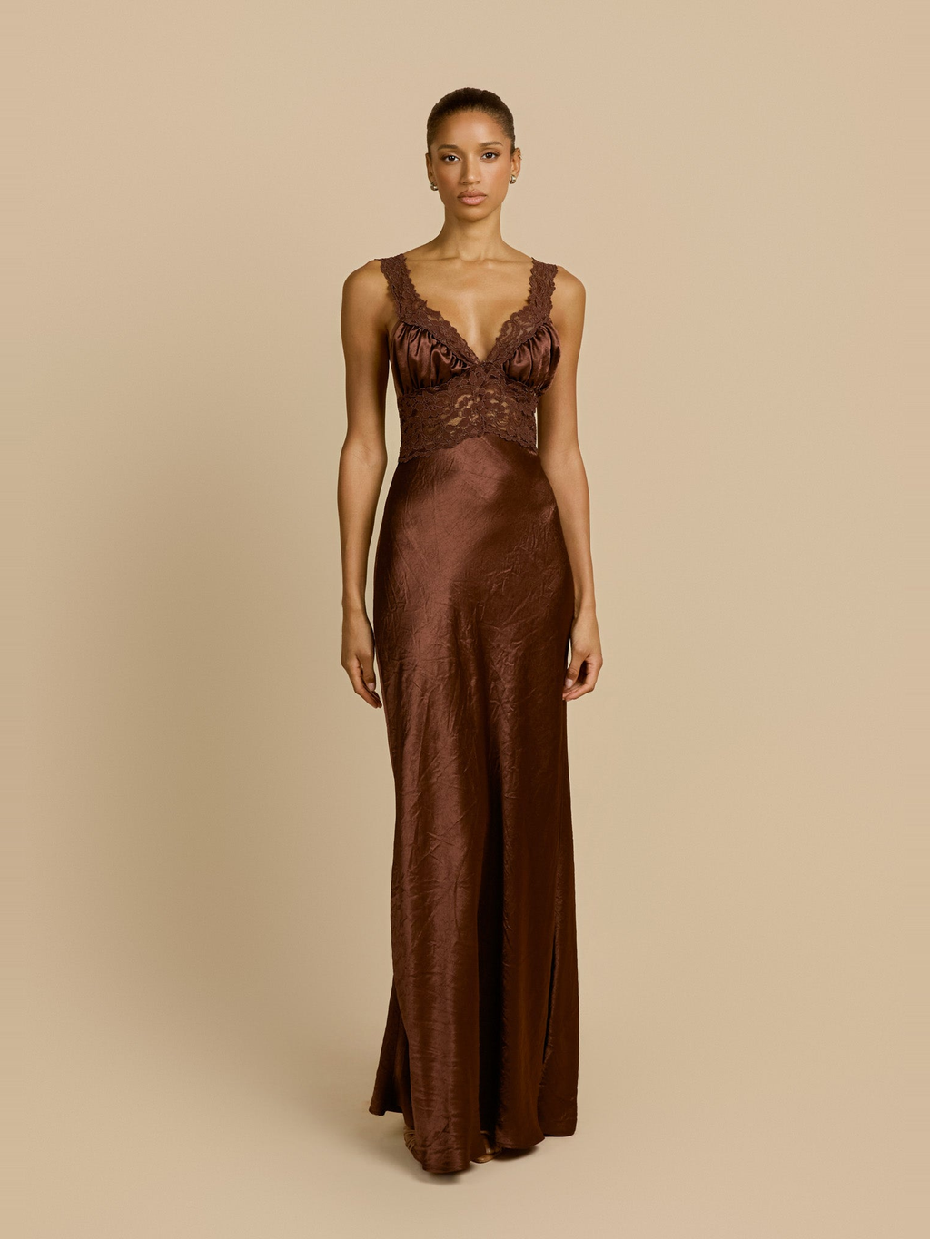 Eveline High Waist Satin Maxi Dress in Chocolate — Svelte Chic
