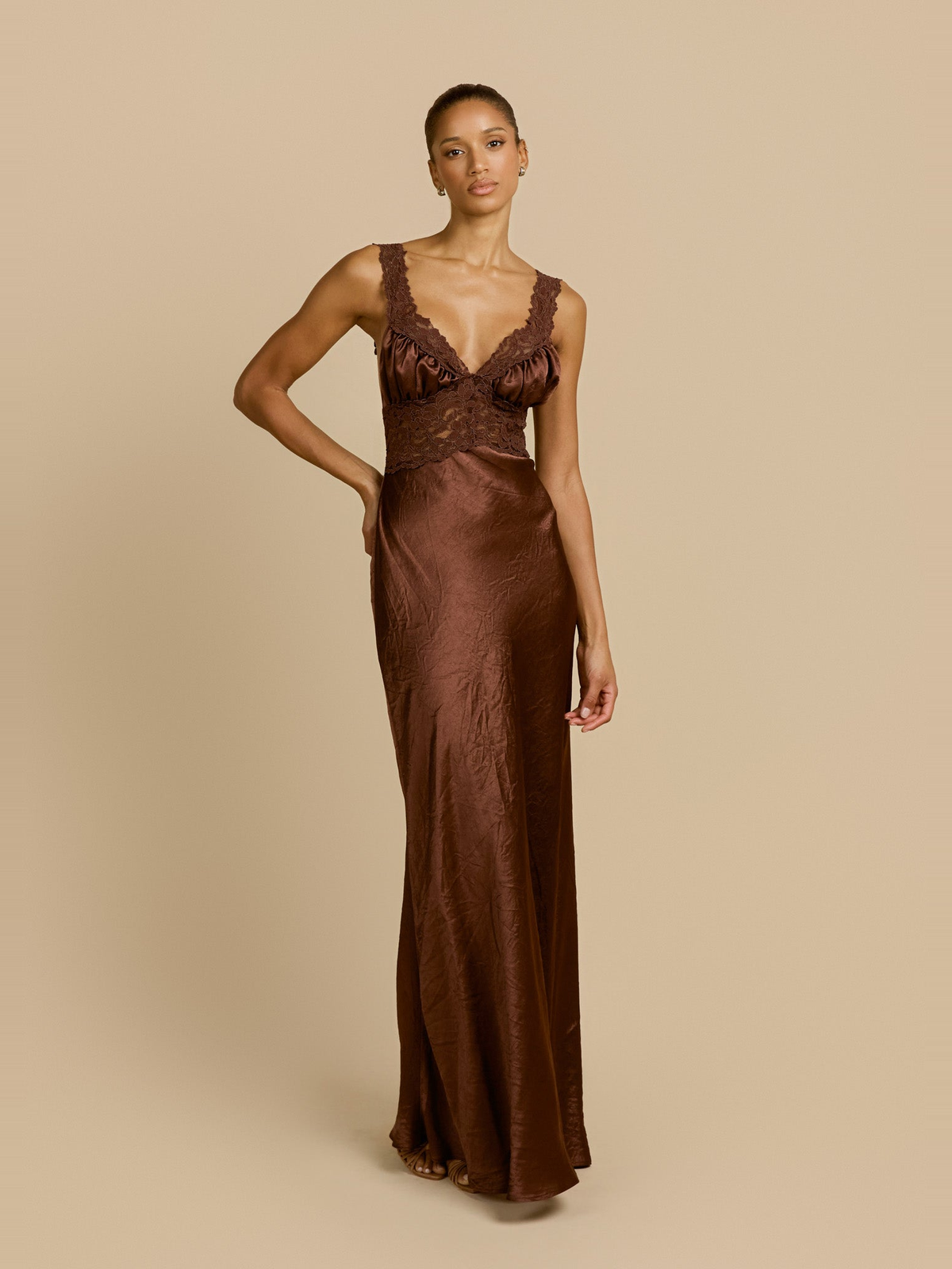Eveline High Waist Satin Maxi Dress in Chocolate — Svelte Chic