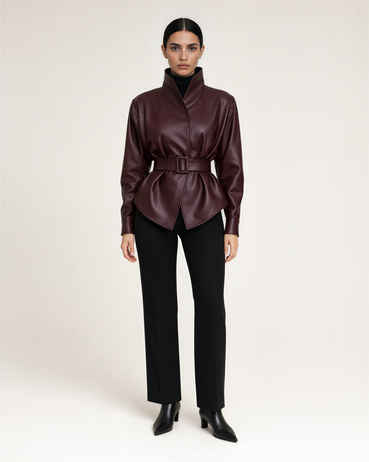 Fausta Belted Stand Collar Faux Leather Peplum Jacket, burgundy, full length front view