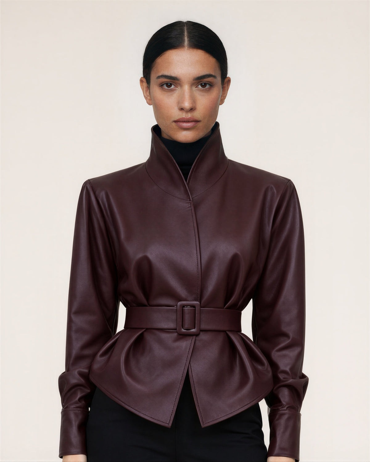 Fausta Belted Stand Collar Faux Leather Peplum Jacket, burgundy, close up above the waist