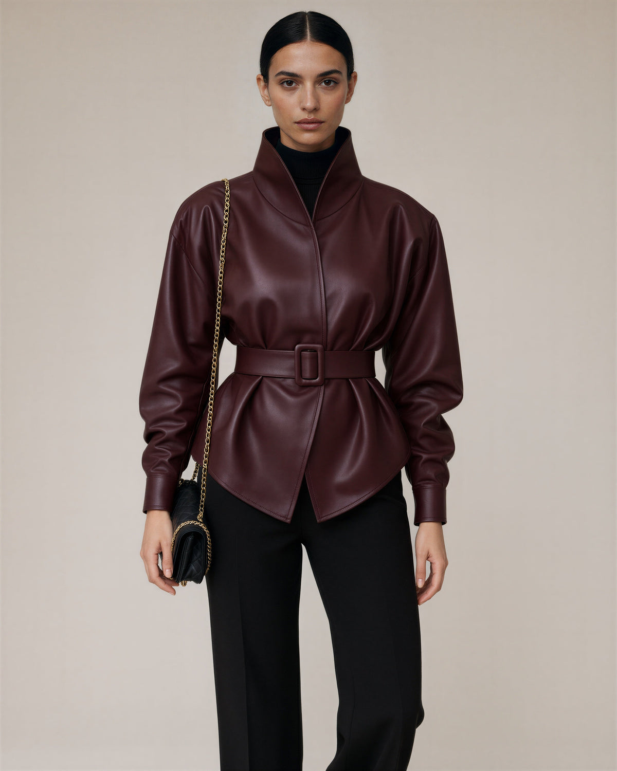 Fausta Belted Stand Collar Faux Leather Peplum Jacket, burgundy, three quarter view