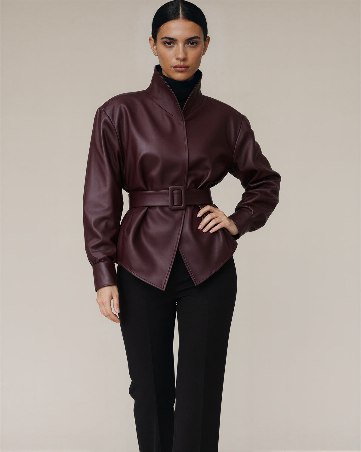 Fausta Belted Stand Collar Faux Leather Peplum Jacket, burgundy, front, hands on the waist