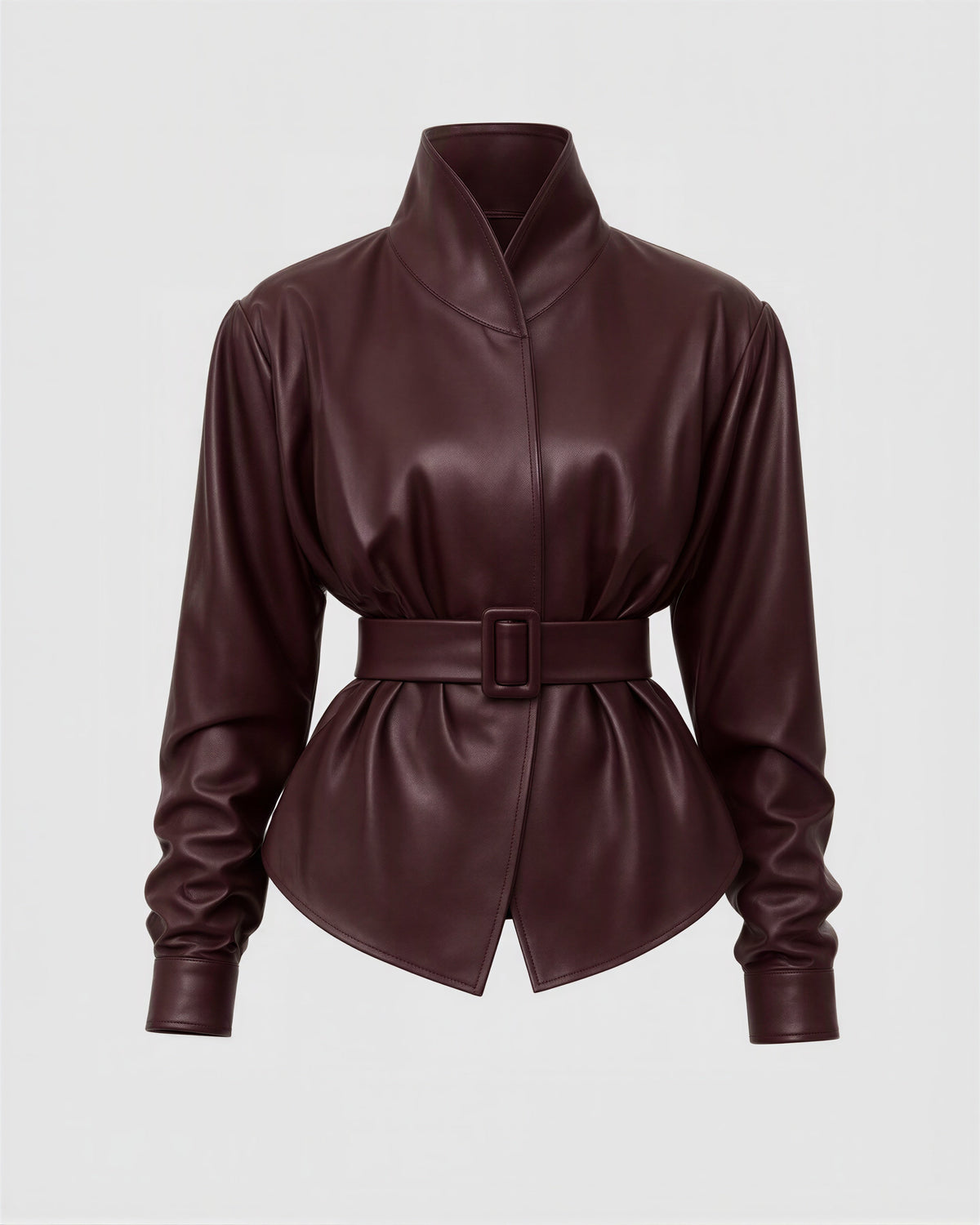 Fausta Belted Stand Collar Faux Leather Peplum Jacket, burgundy, product view without a model