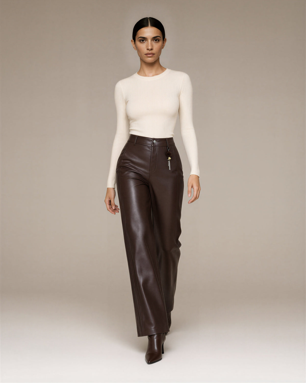 Flaminia Faux Leather High Waisted Wide Leg Trousers, brown, full length walking view