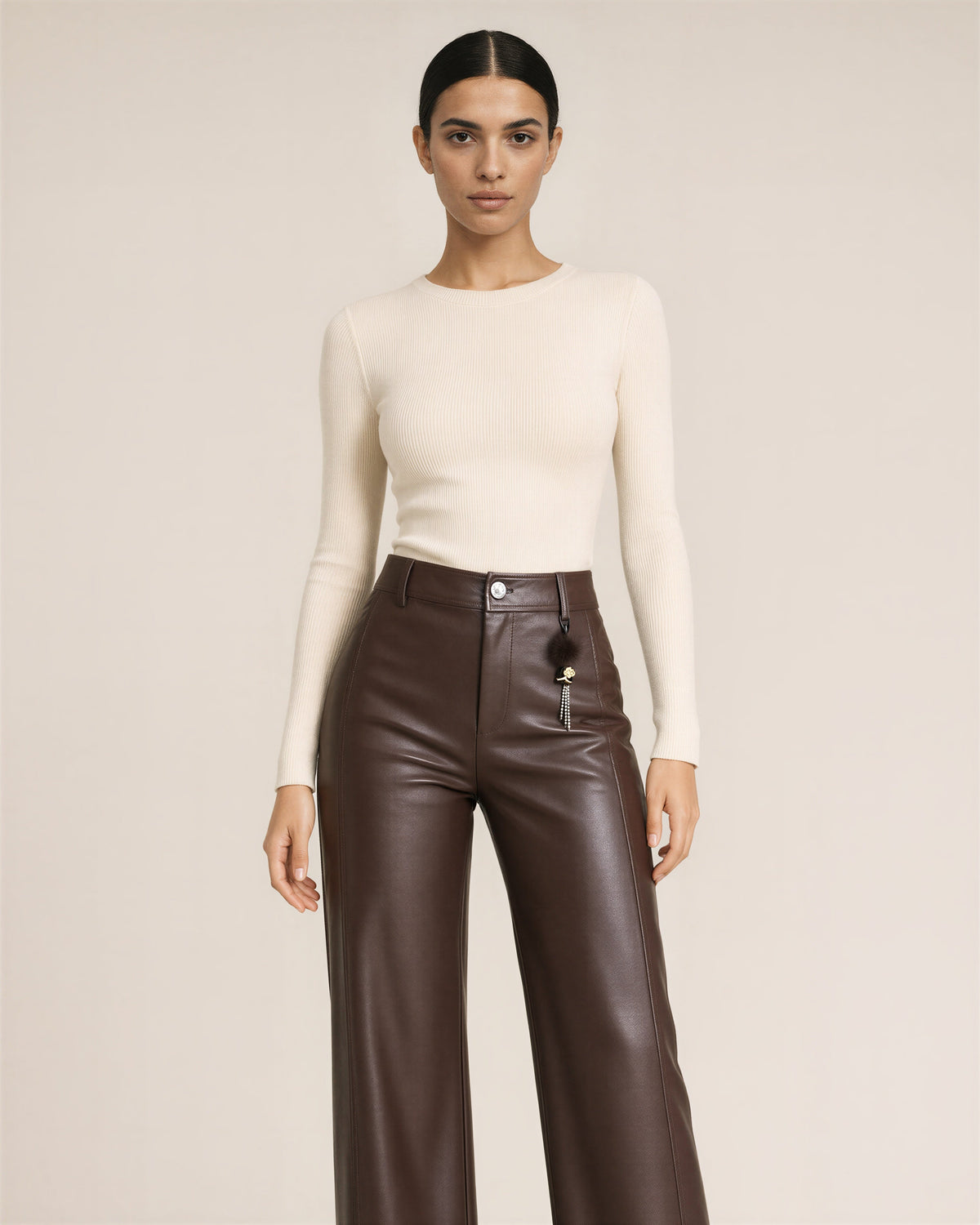 Flaminia Faux Leather High Waisted Wide Leg Trousers, brown, front view