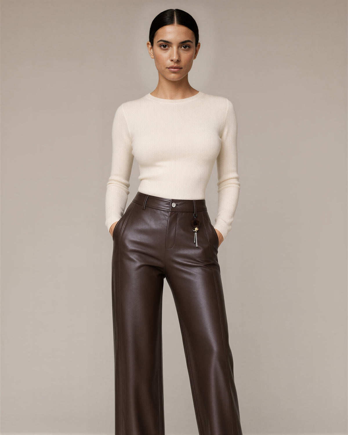 Flaminia Faux Leather High Waisted Wide Leg Trousers, brown, front, hands in pockets