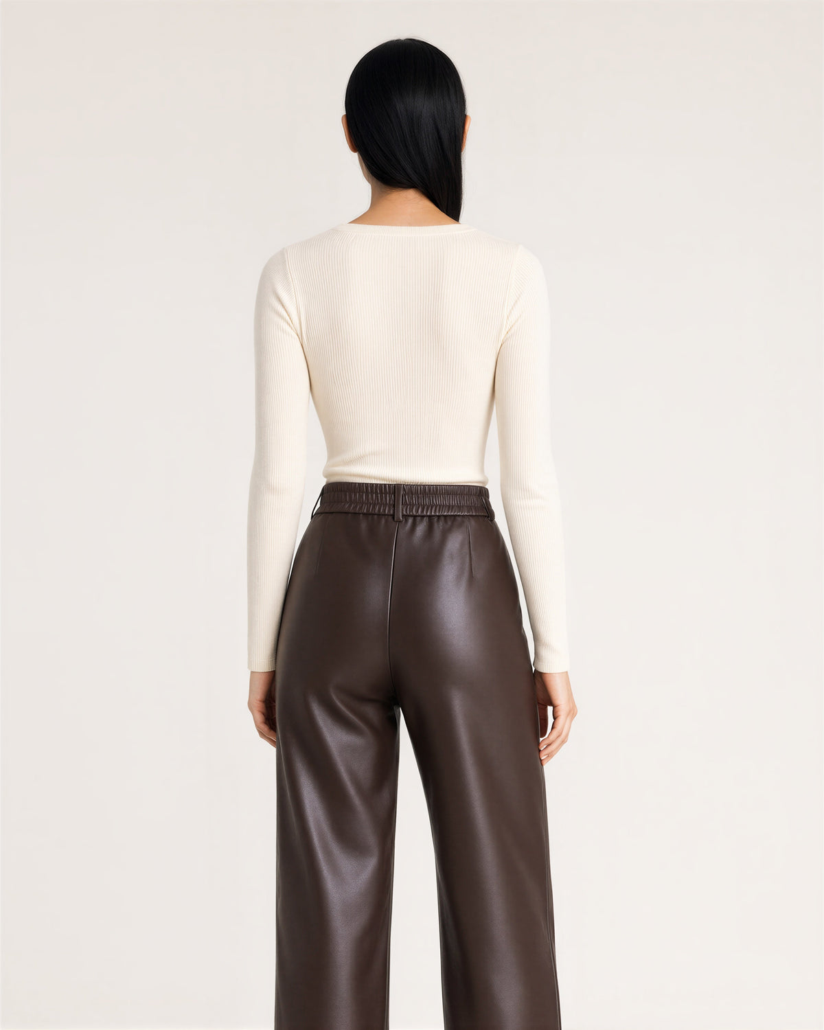 Flaminia Faux Leather High Waisted Wide Leg Trousers, brown, back view