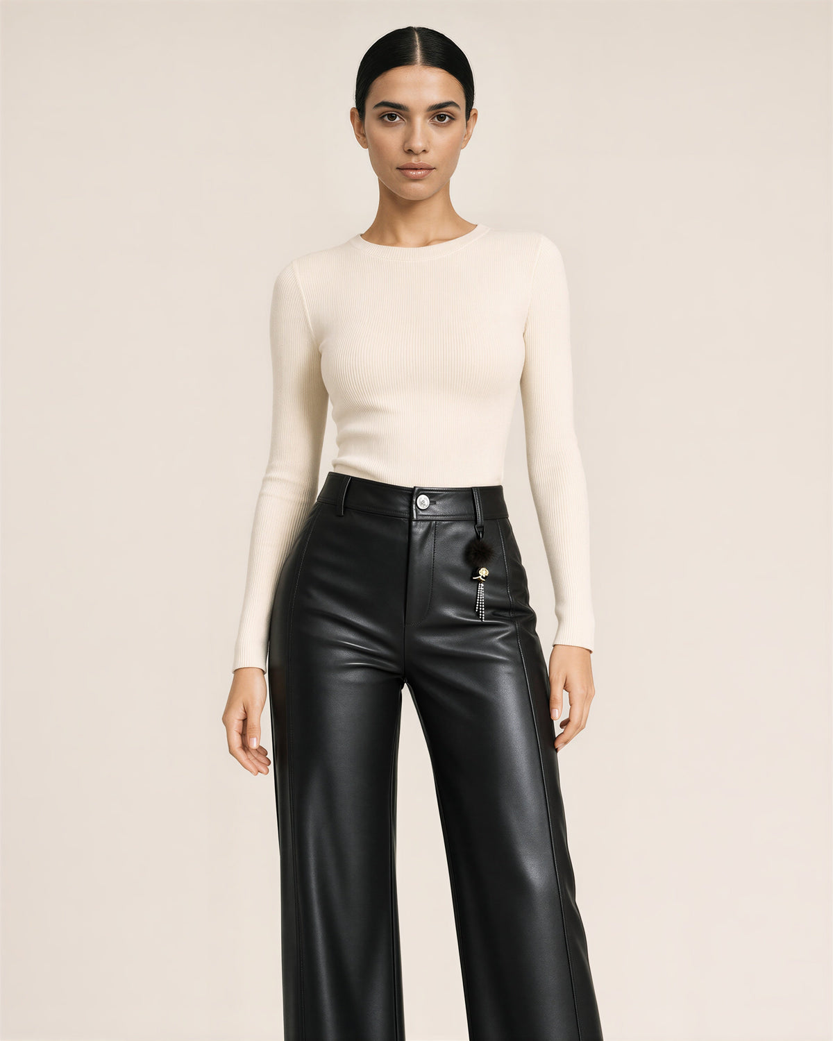Flaminia Faux Leather High Waisted Wide Leg Trousers, black color option