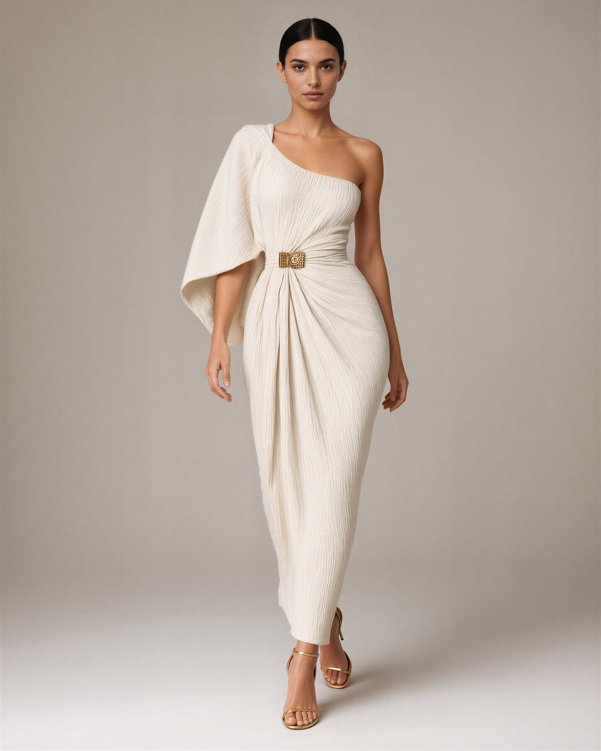 Flavia One Shoulder Batwing Sleeve Draped Maxi Dress, cream, full length walking view