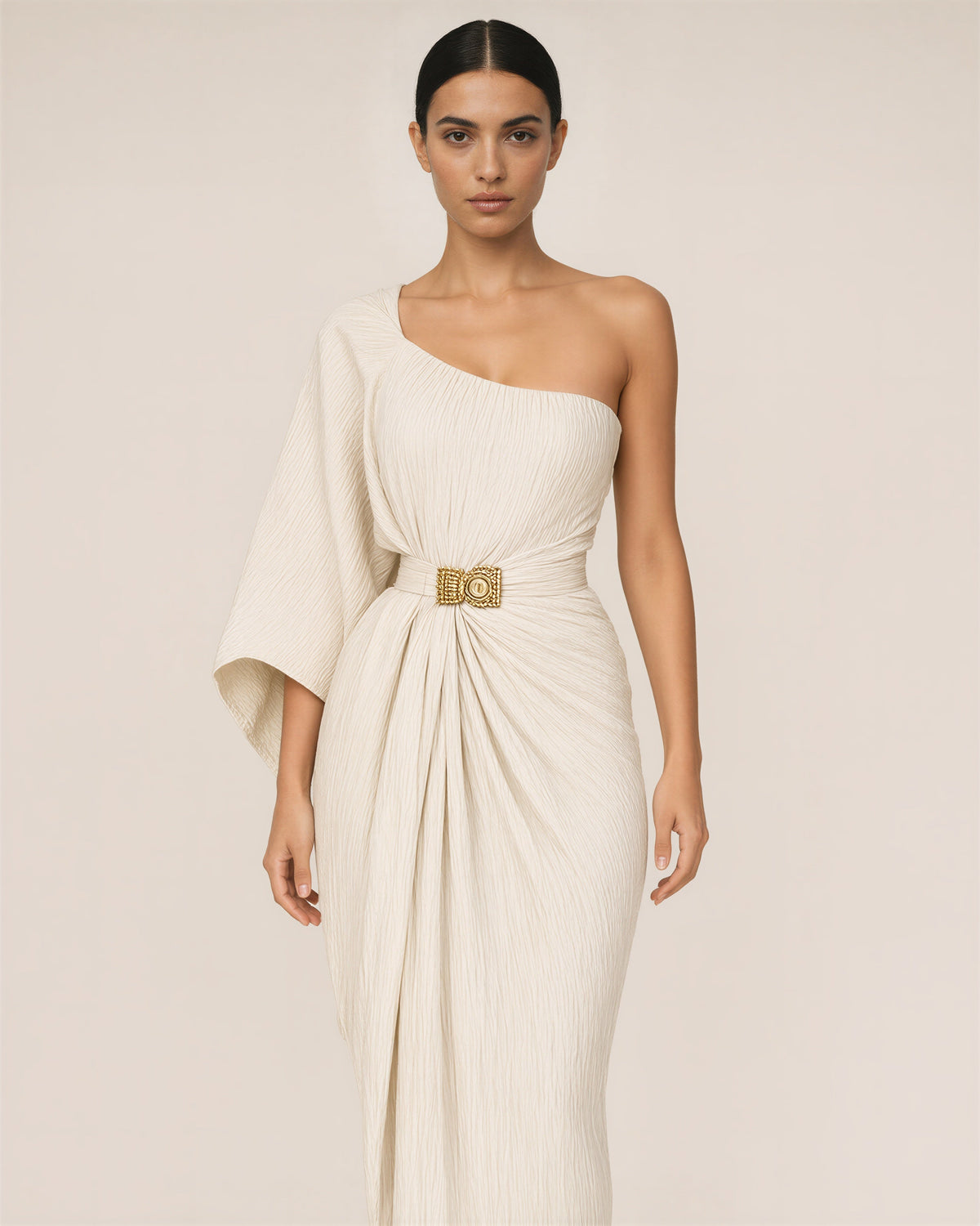 Flavia One Shoulder Batwing Sleeve Draped Maxi Dress, cream, front view