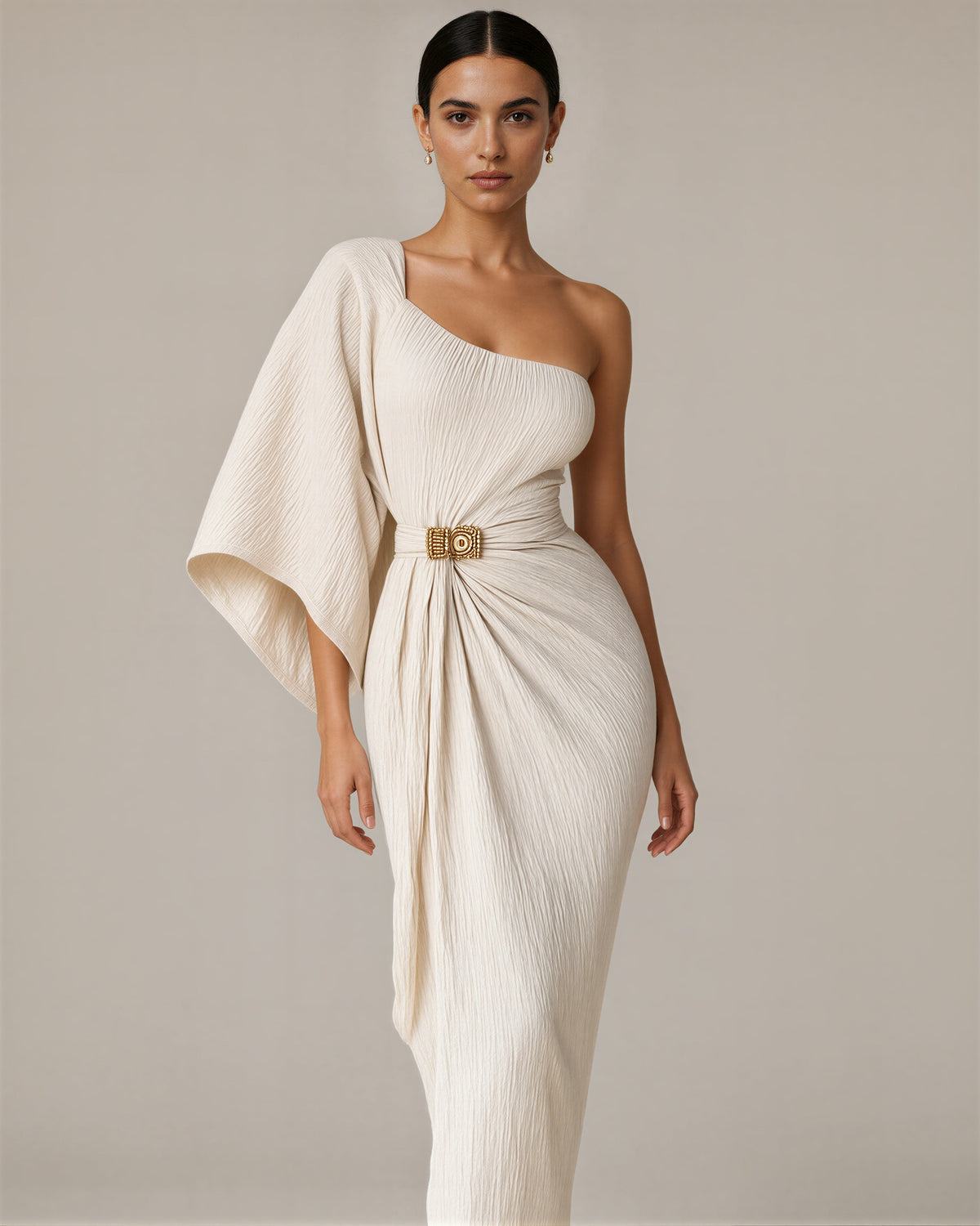 Flavia One Shoulder Batwing Sleeve Draped Maxi Dress, cream, three quarter view