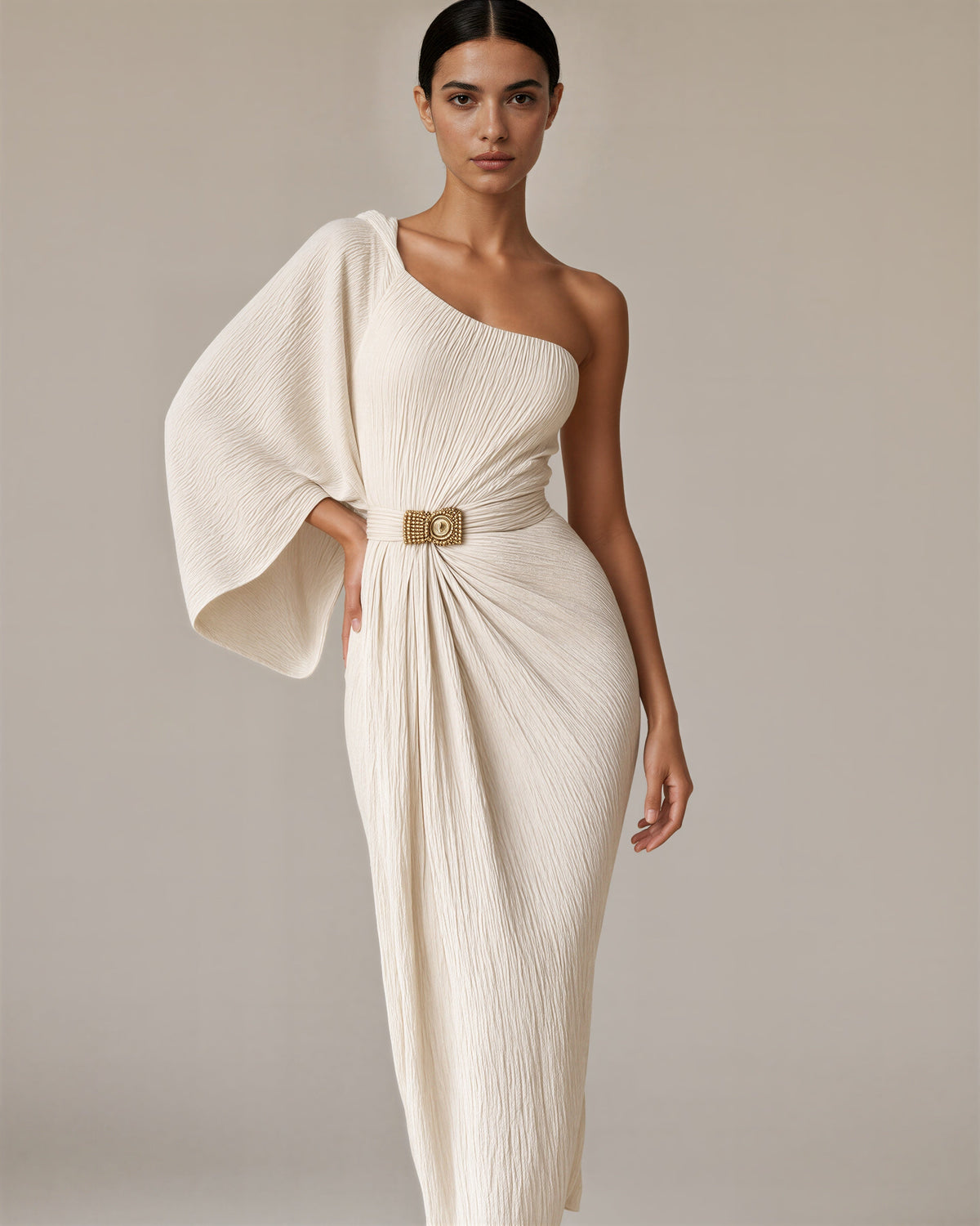 Flavia One Shoulder Batwing Sleeve Draped Maxi Dress, cream, front, hands on the waist