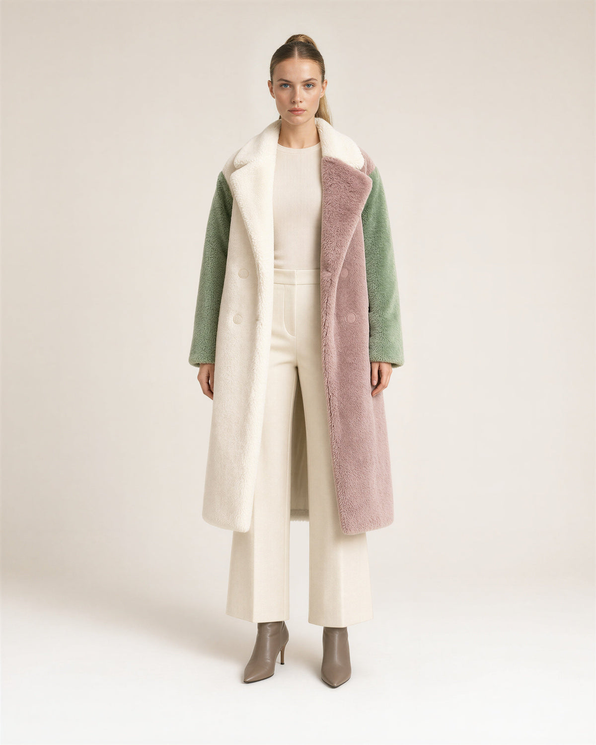 Flora Color Block Long Plush Faux Fur Coat, cream pink green, full length front view