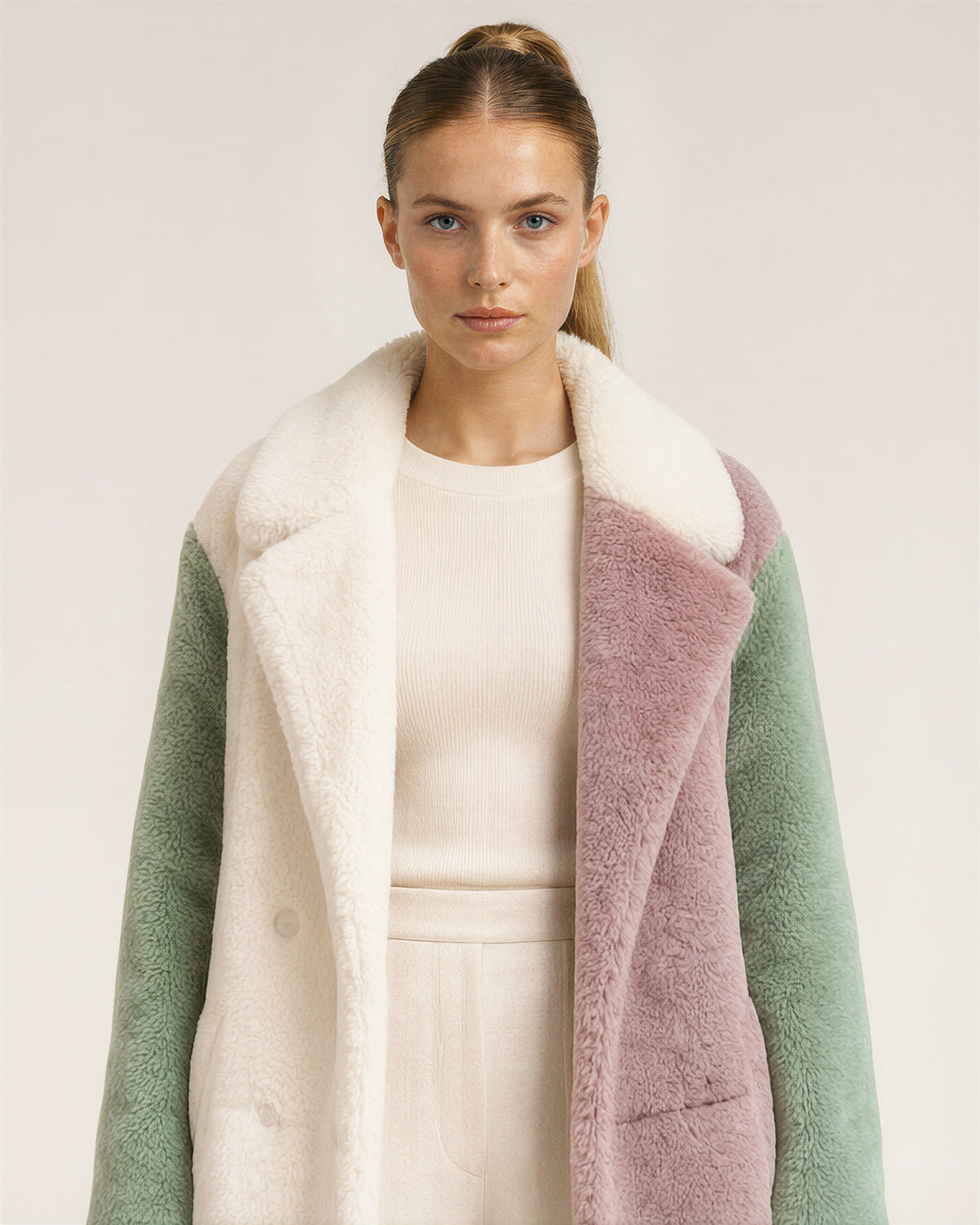 Flora Color Block Long Plush Faux Fur Coat, cream pink green, close up above the waist