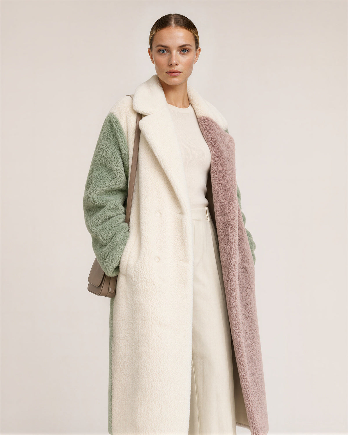 Flora Color Block Long Plush Faux Fur Coat, cream pink green, three quarter view