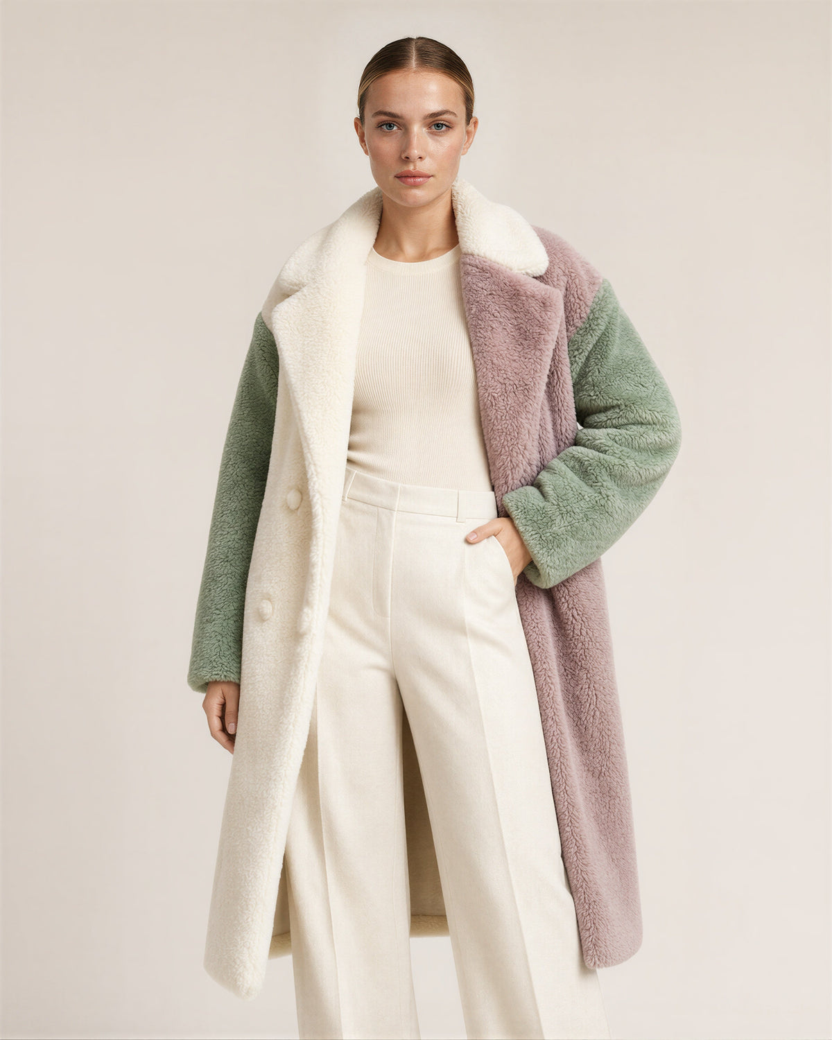 Flora Color Block Long Plush Faux Fur Coat, cream pink green, front, hands on the waist