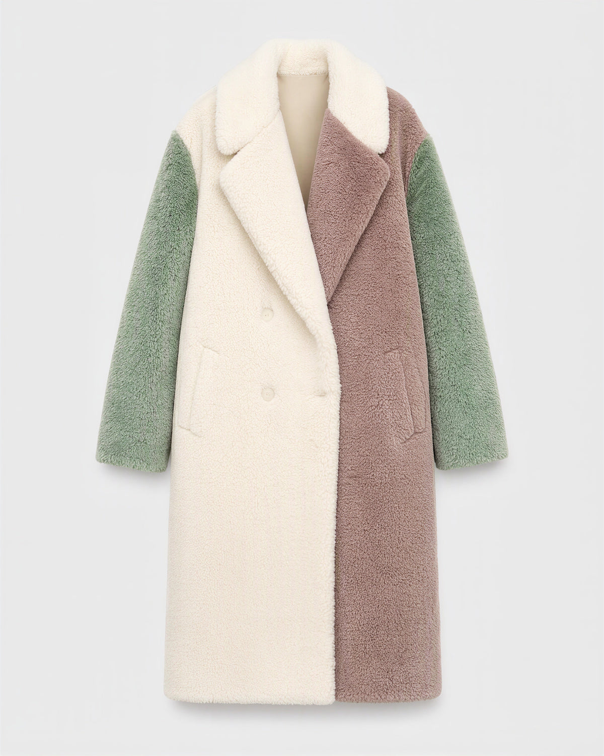 Flora Color Block Long Plush Faux Fur Coat, cream pink green, product view without a model