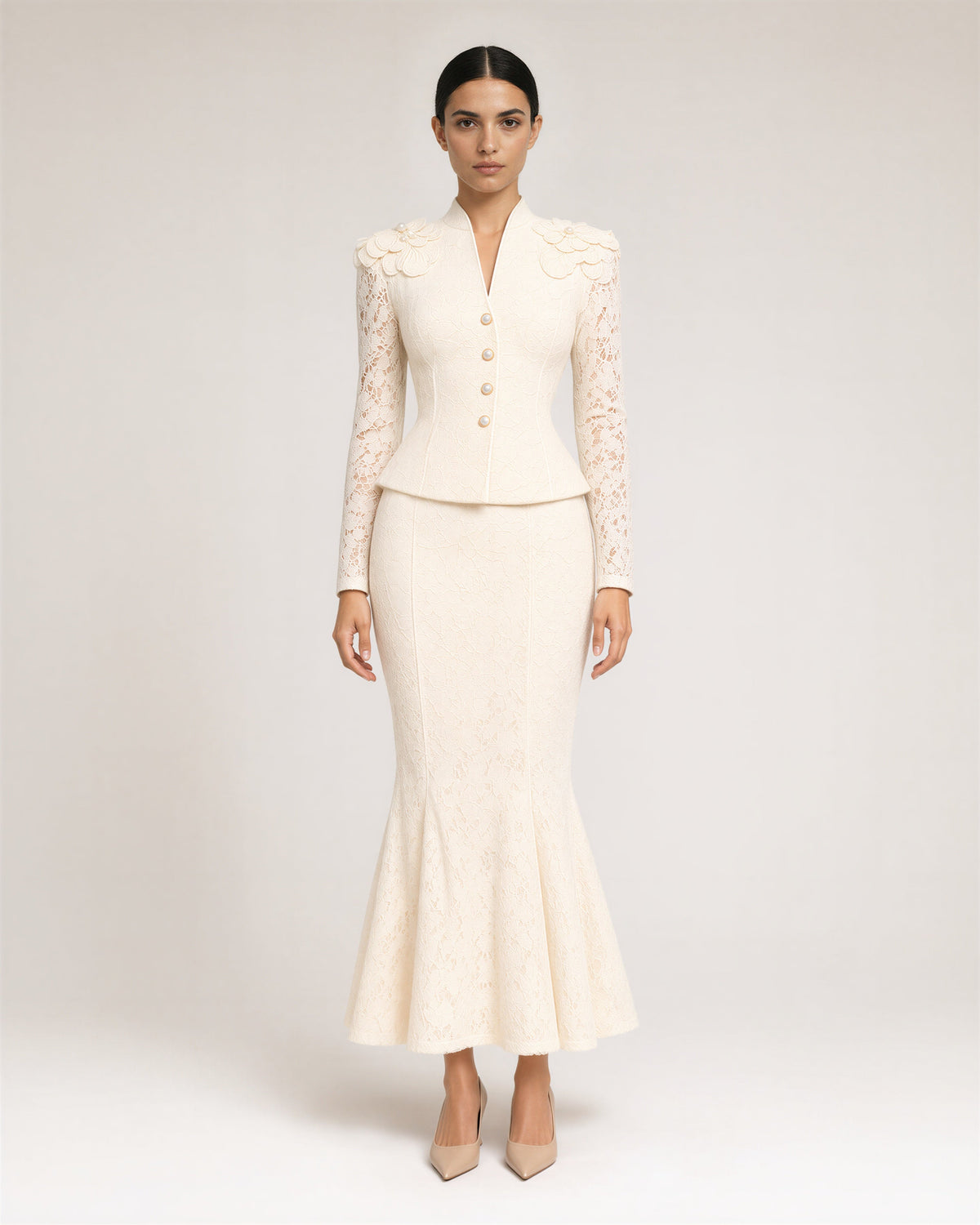 Floriana Lace Peplum Jacket and Fishtail Skirt Set, champagne cream, full length front view