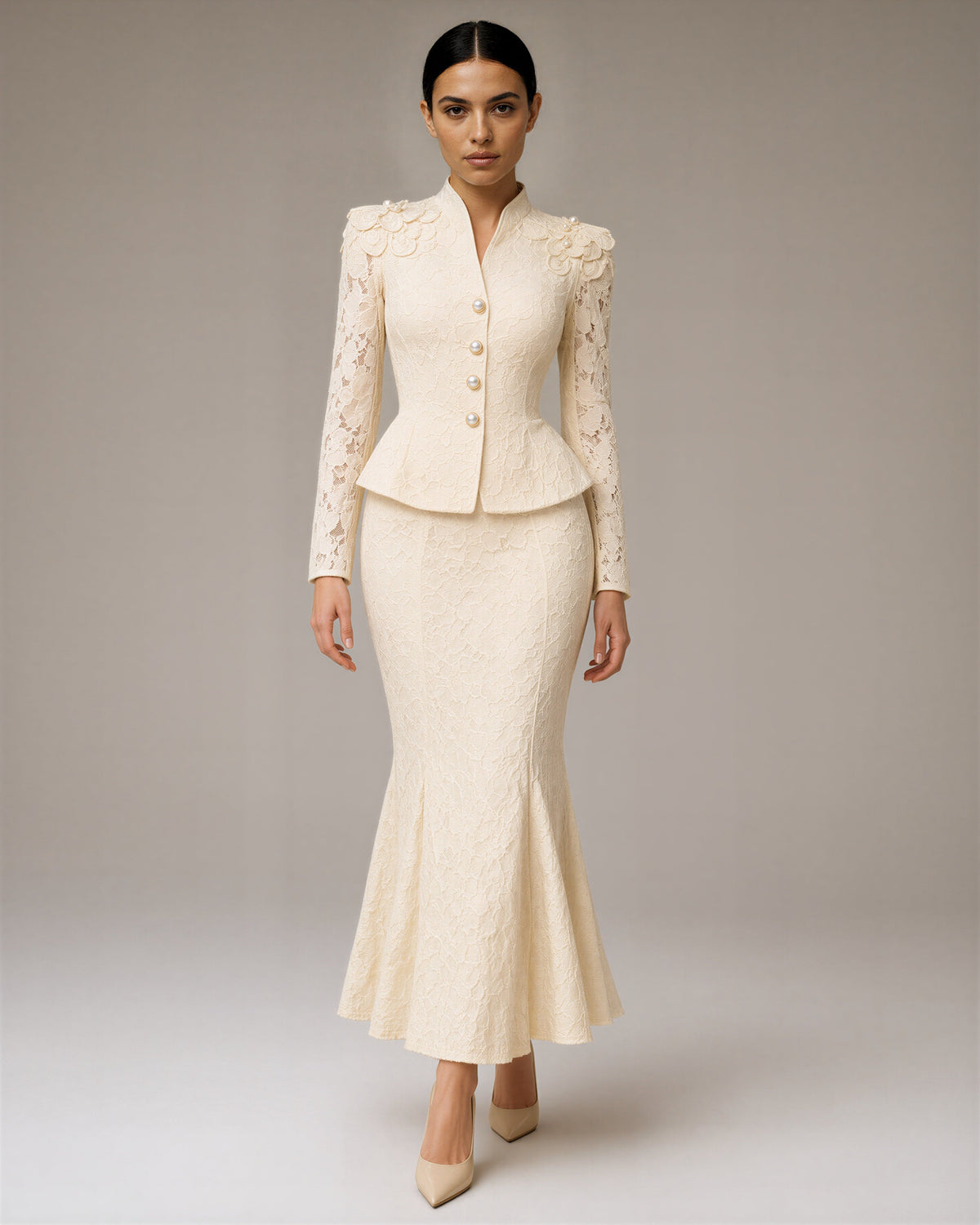 Floriana Lace Peplum Jacket and Fishtail Skirt Set, champagne cream, full length walking view