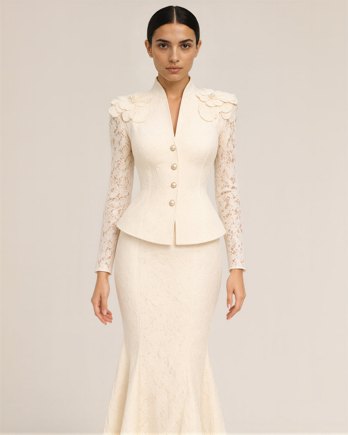 Floriana Lace Peplum Jacket and Fishtail Skirt Set, champagne cream, front view