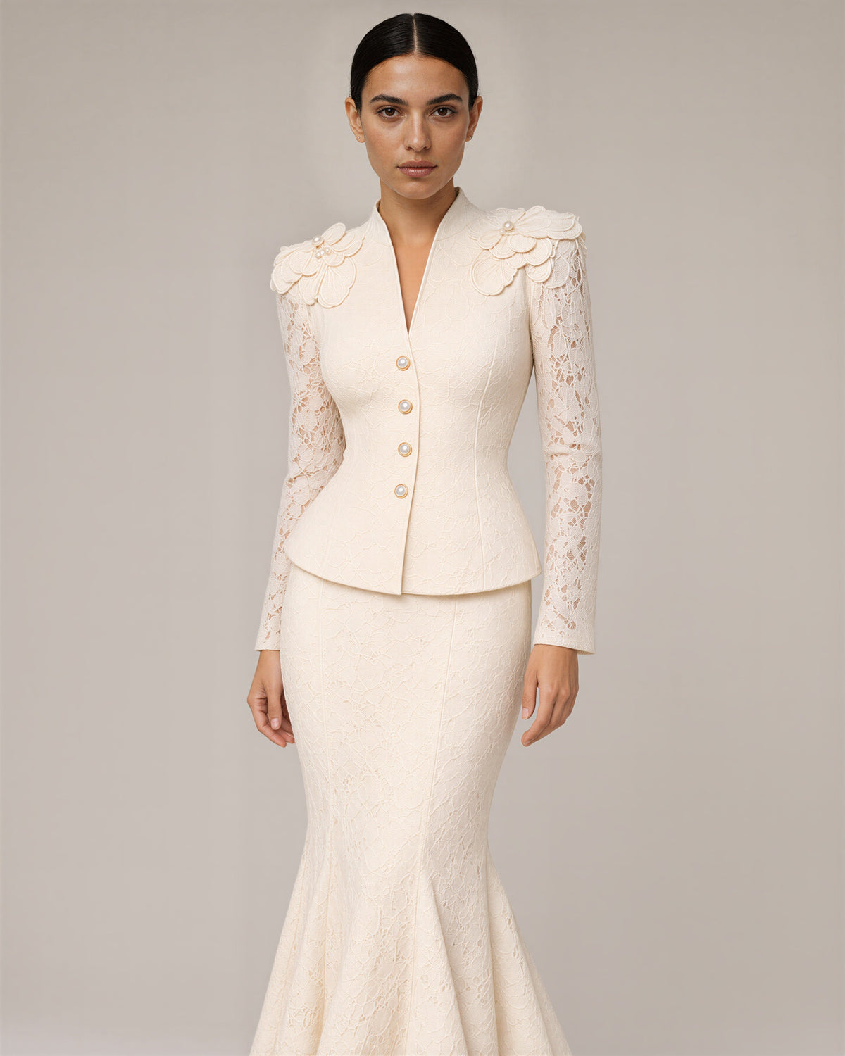Floriana Lace Peplum Jacket and Fishtail Skirt Set, champagne cream, three quarter view