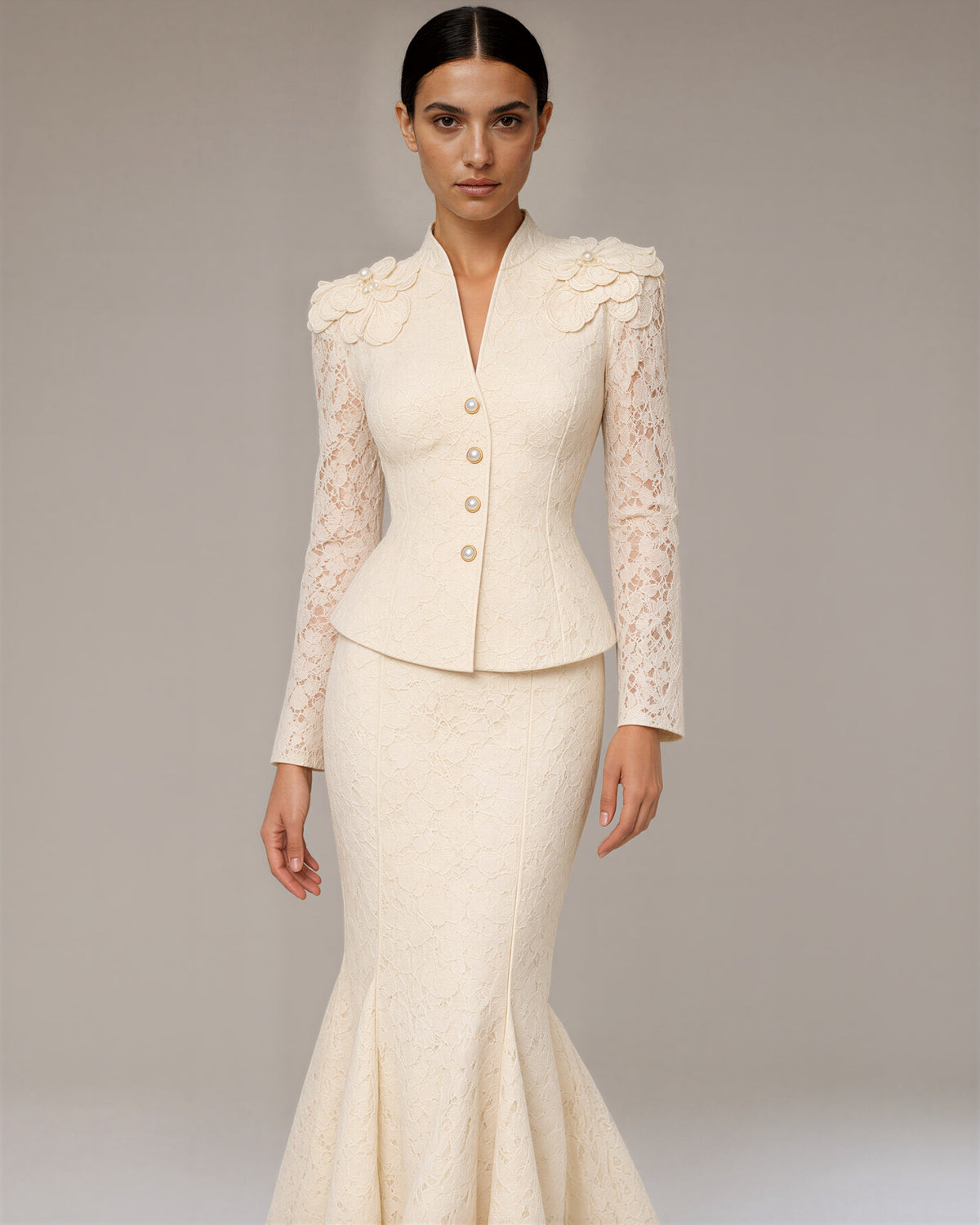 Floriana Lace Peplum Jacket and Fishtail Skirt Set, champagne cream, front, hands on the waist