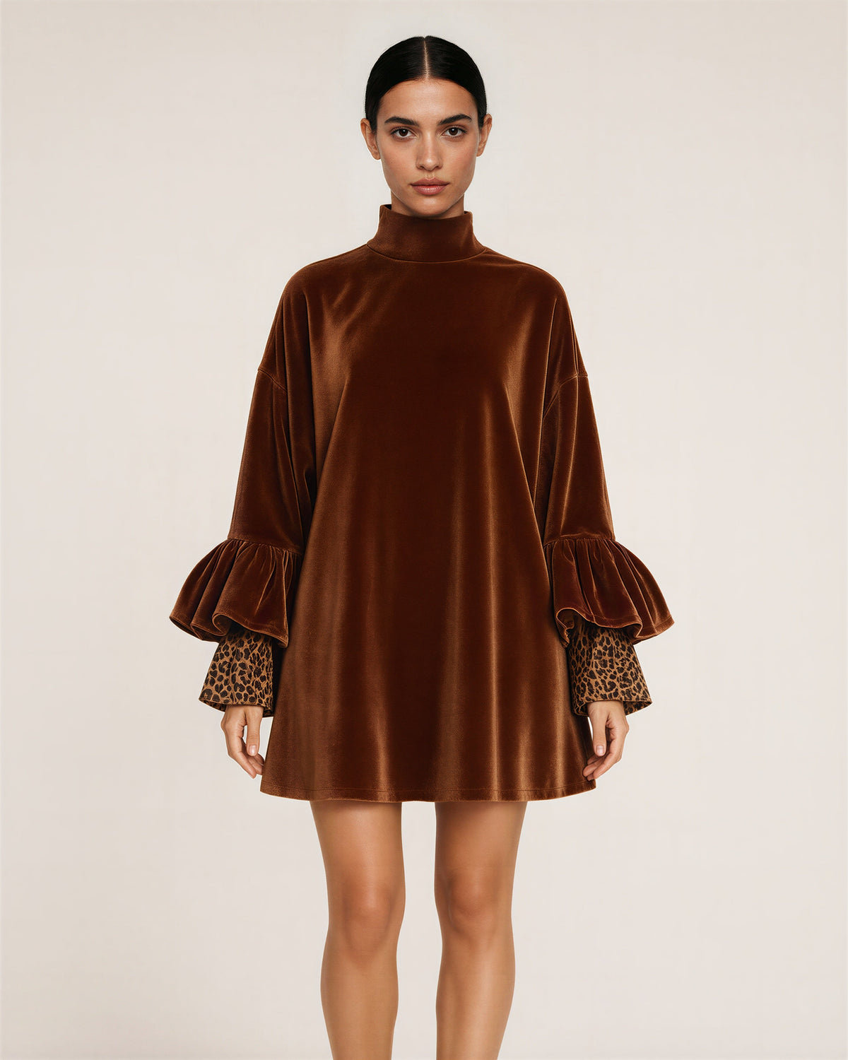 Fosca Leopard Cuff Flounce Sleeve Velvet Dress, copper brown, front view