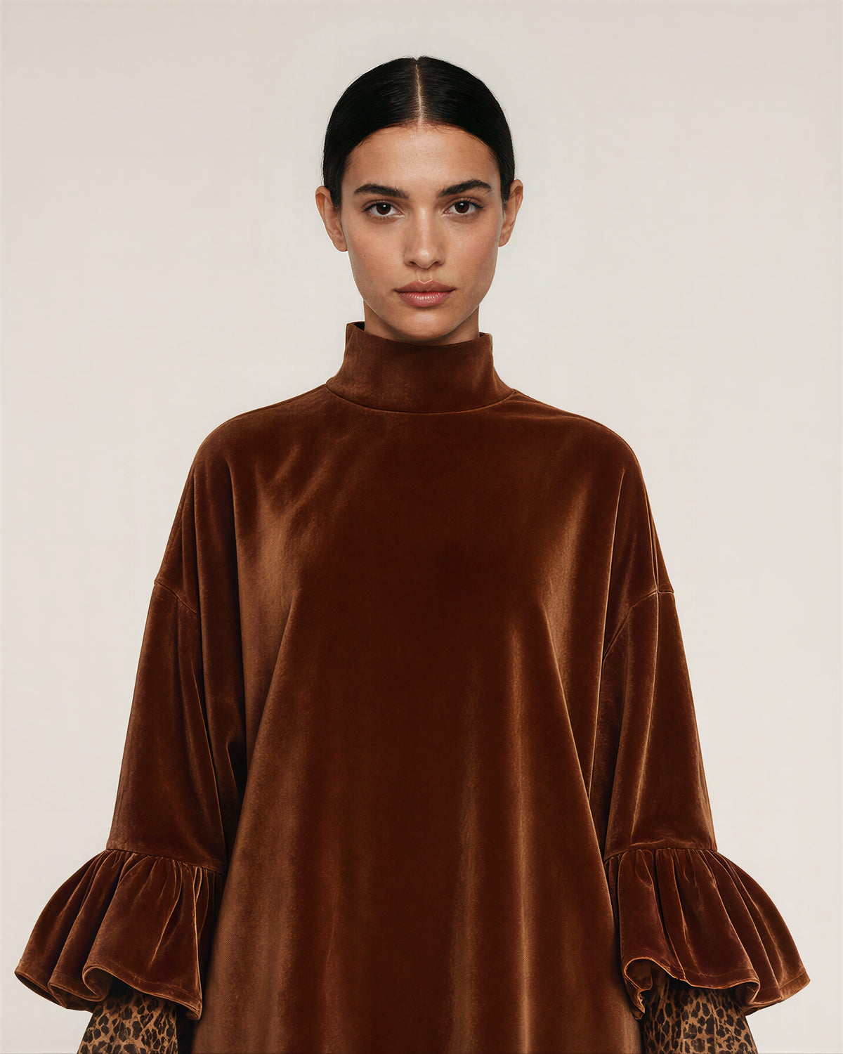 Fosca Leopard Cuff Flounce Sleeve Velvet Dress, copper brown, close up above the waist