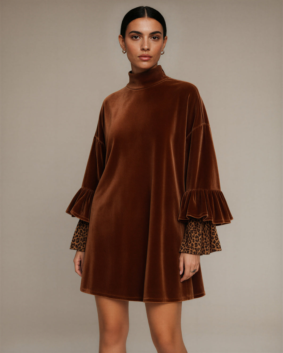 Fosca Leopard Cuff Flounce Sleeve Velvet Dress, copper brown, three quarter view