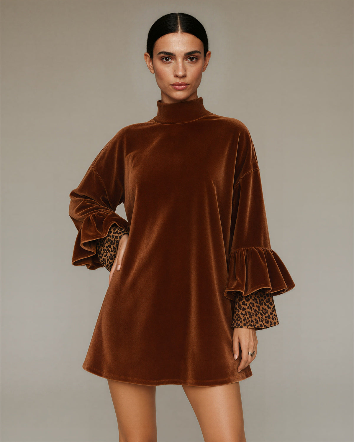 Fosca Leopard Cuff Flounce Sleeve Velvet Dress, copper brown, front, hands on the waist
