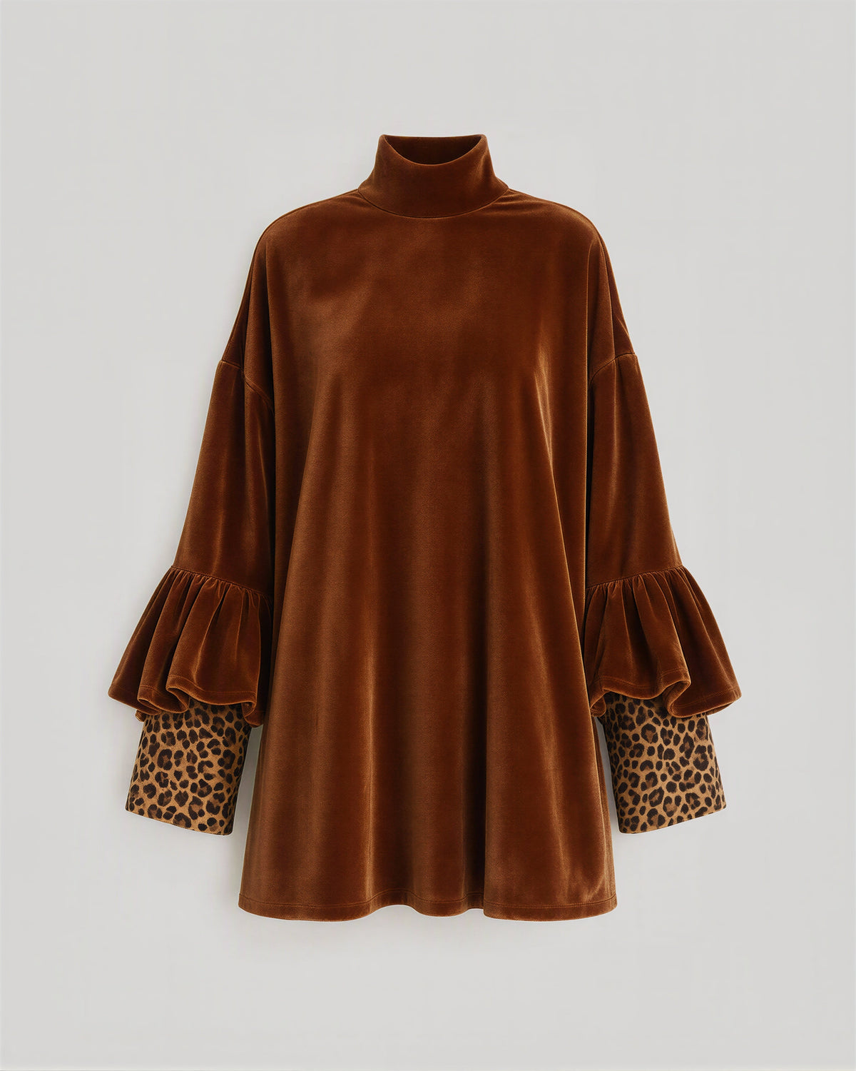 Fosca Leopard Cuff Flounce Sleeve Velvet Dress, copper brown, product view without a model