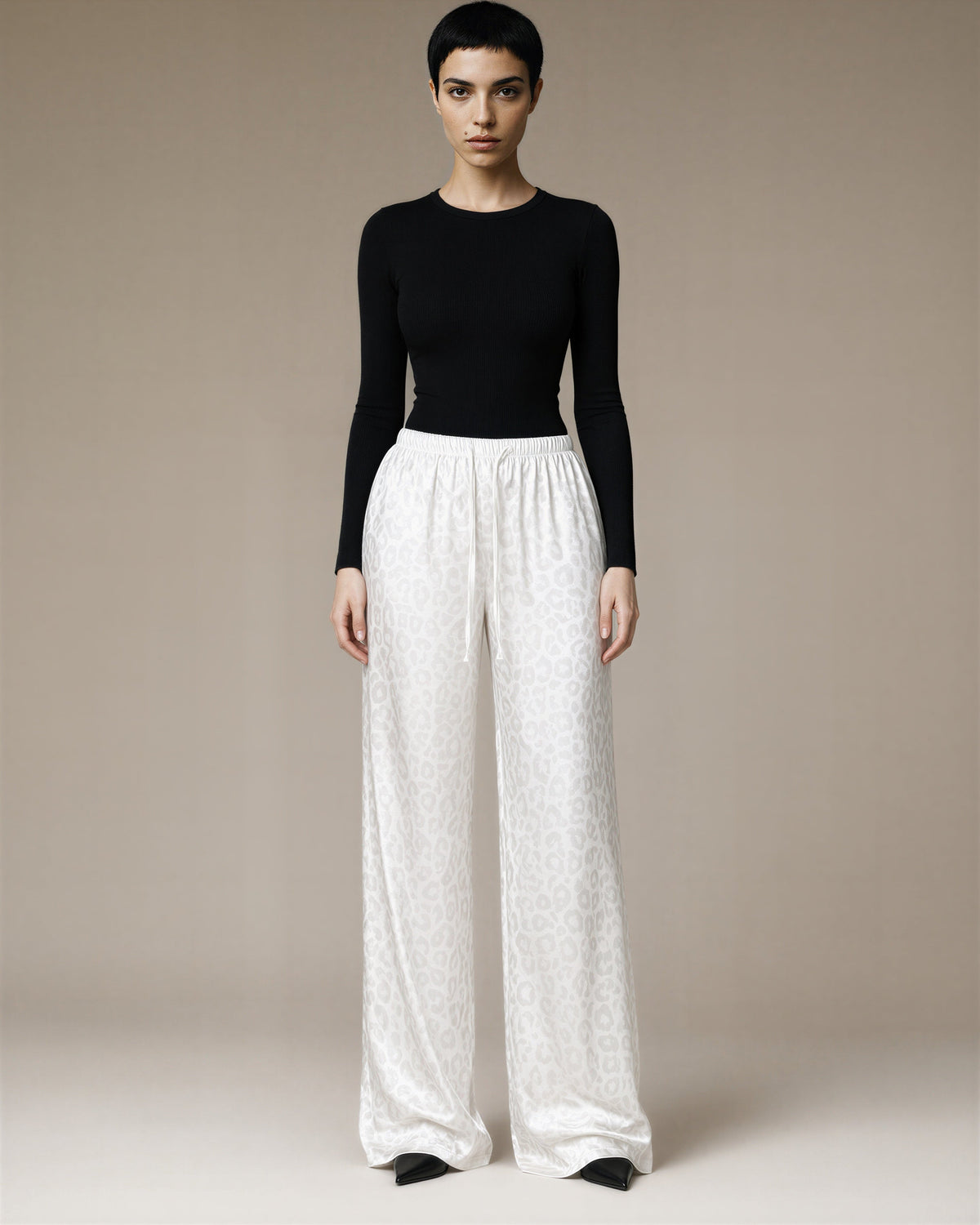 Franca Leopard Jacquard Satin Trousers, White, white, full length front view