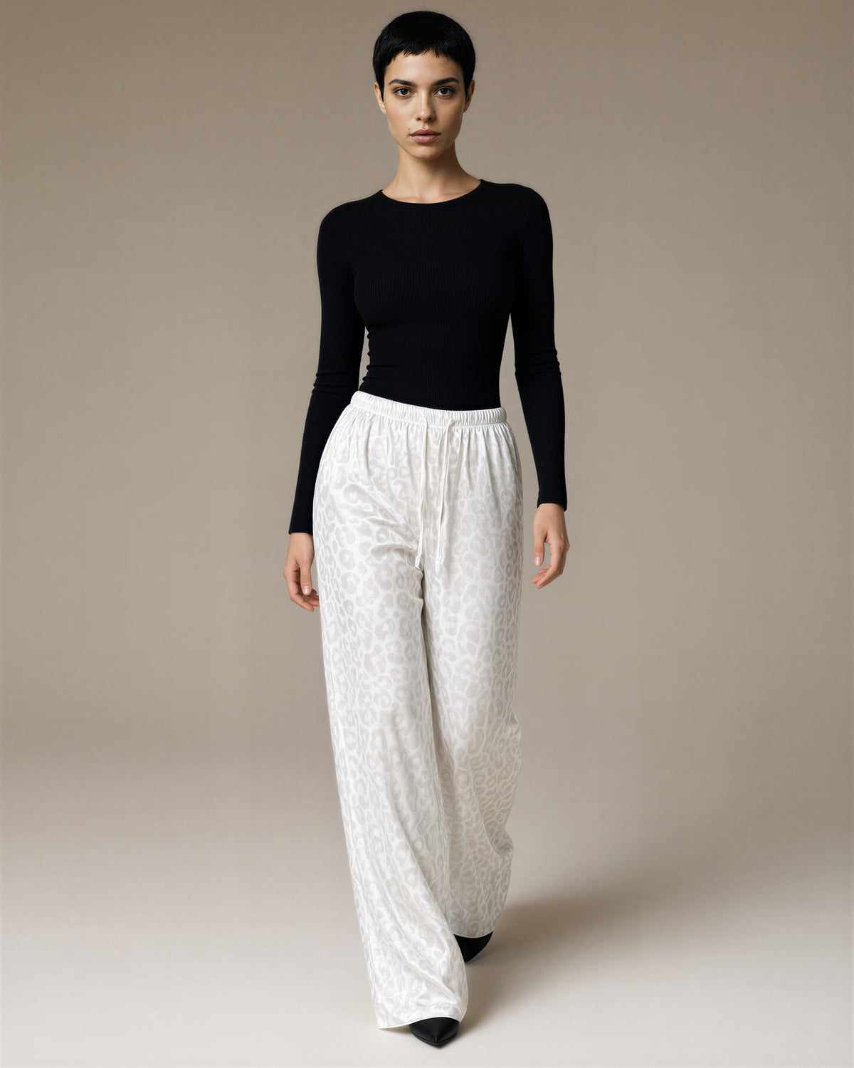 Franca Leopard Jacquard Satin Trousers, White, white, full length walking view