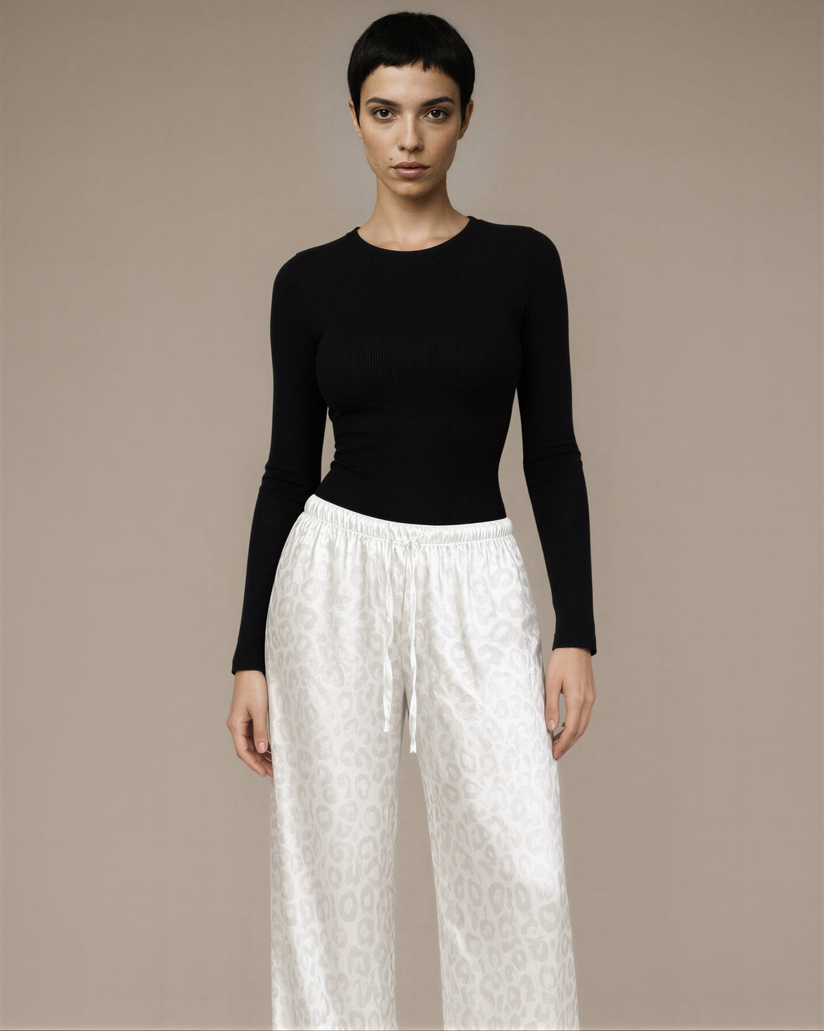 Franca Leopard Jacquard Satin Trousers, White, white, front view