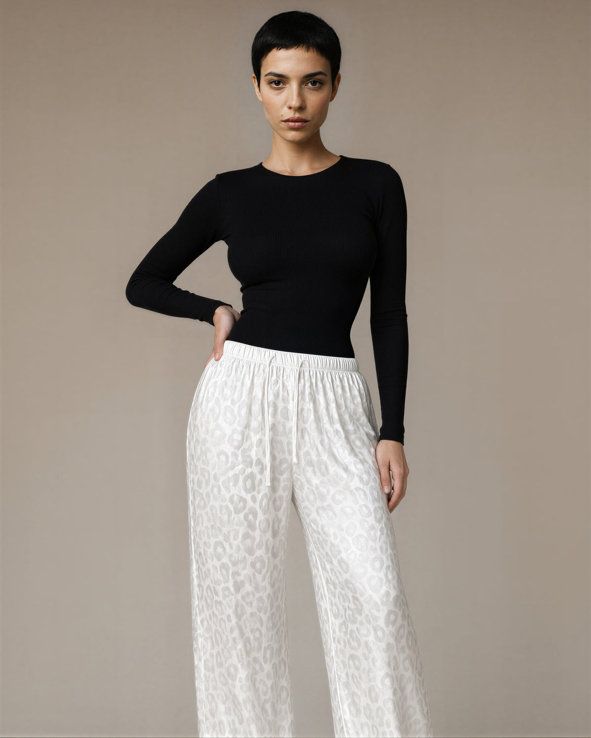 Franca Leopard Jacquard Satin Trousers, White, white, front, hands on the waist