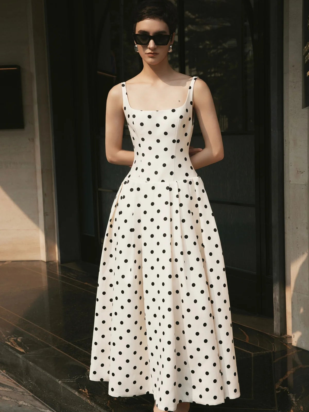 Retro Polka Dot Square Neck Maxi Dress — Svelte Chic