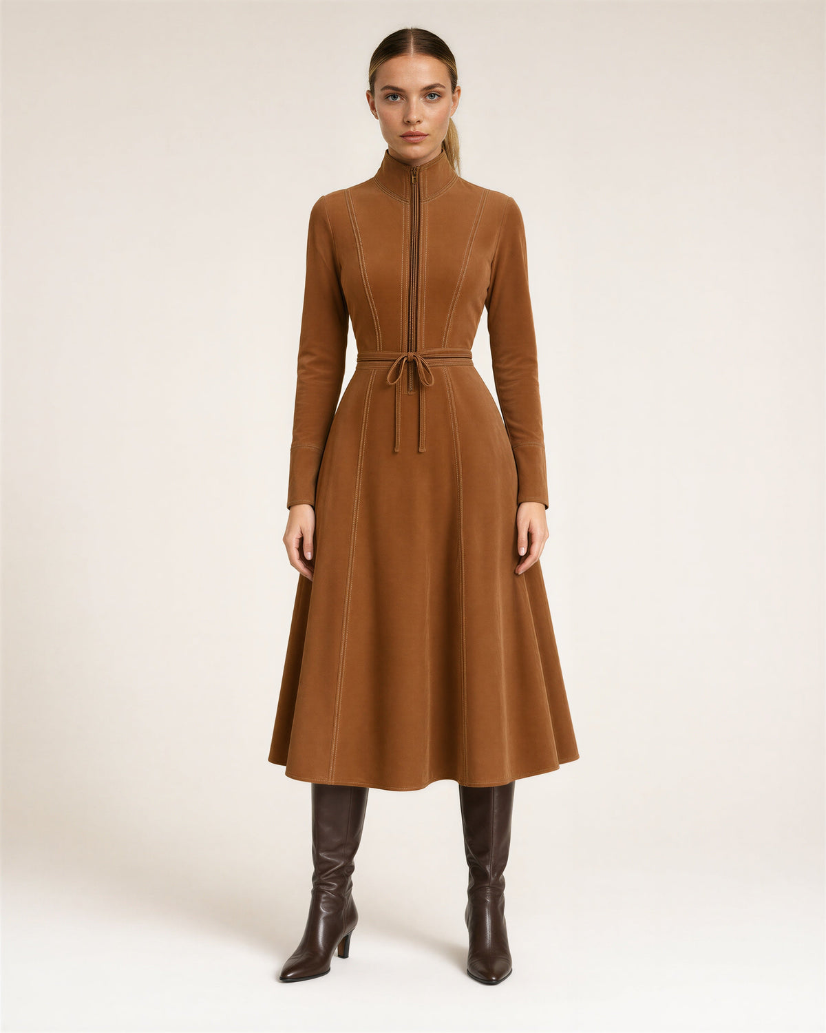 Fulvia Stand Collar Tie Belt Faux Suede Midi Dress, caramel, full length front view