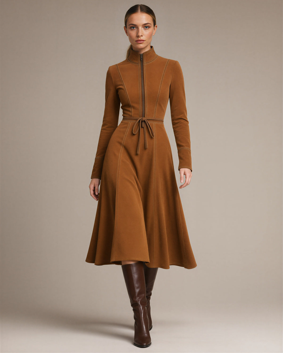 Fulvia Stand Collar Tie Belt Faux Suede Midi Dress, caramel, full length walking view