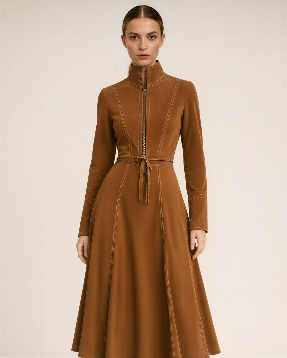 Fulvia Stand Collar Tie Belt Faux Suede Midi Dress, caramel, front view
