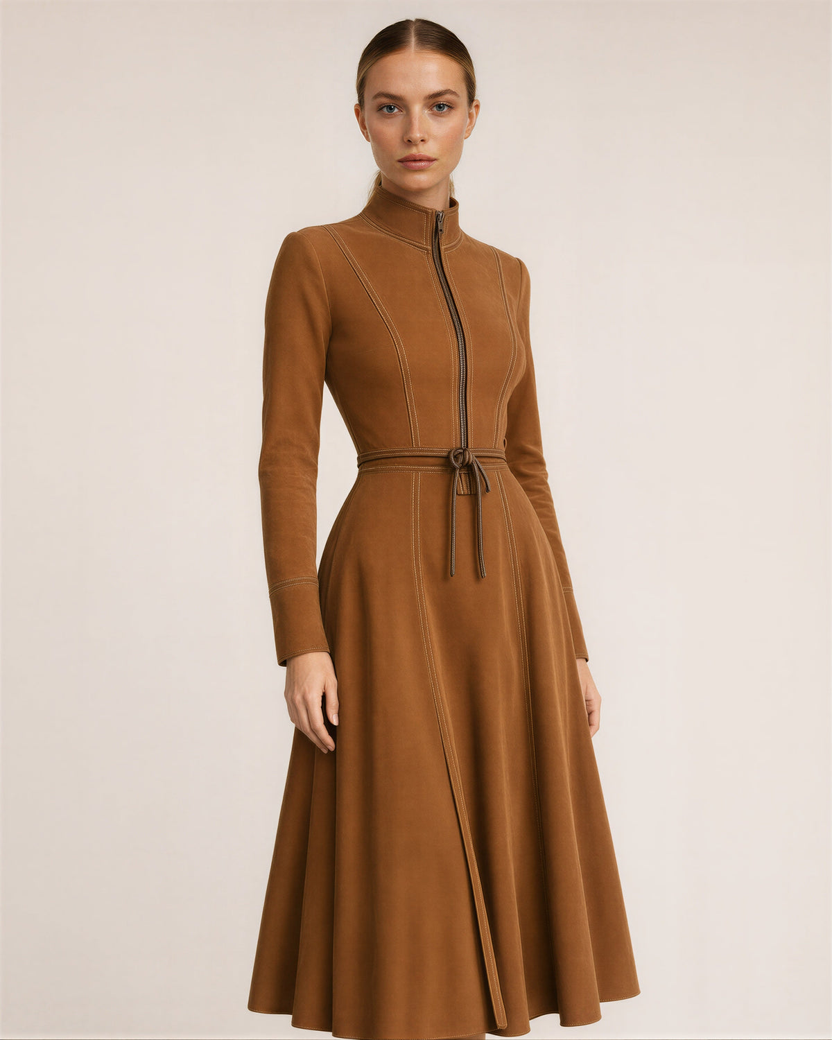 Fulvia Stand Collar Tie Belt Faux Suede Midi Dress, caramel, three quarter view