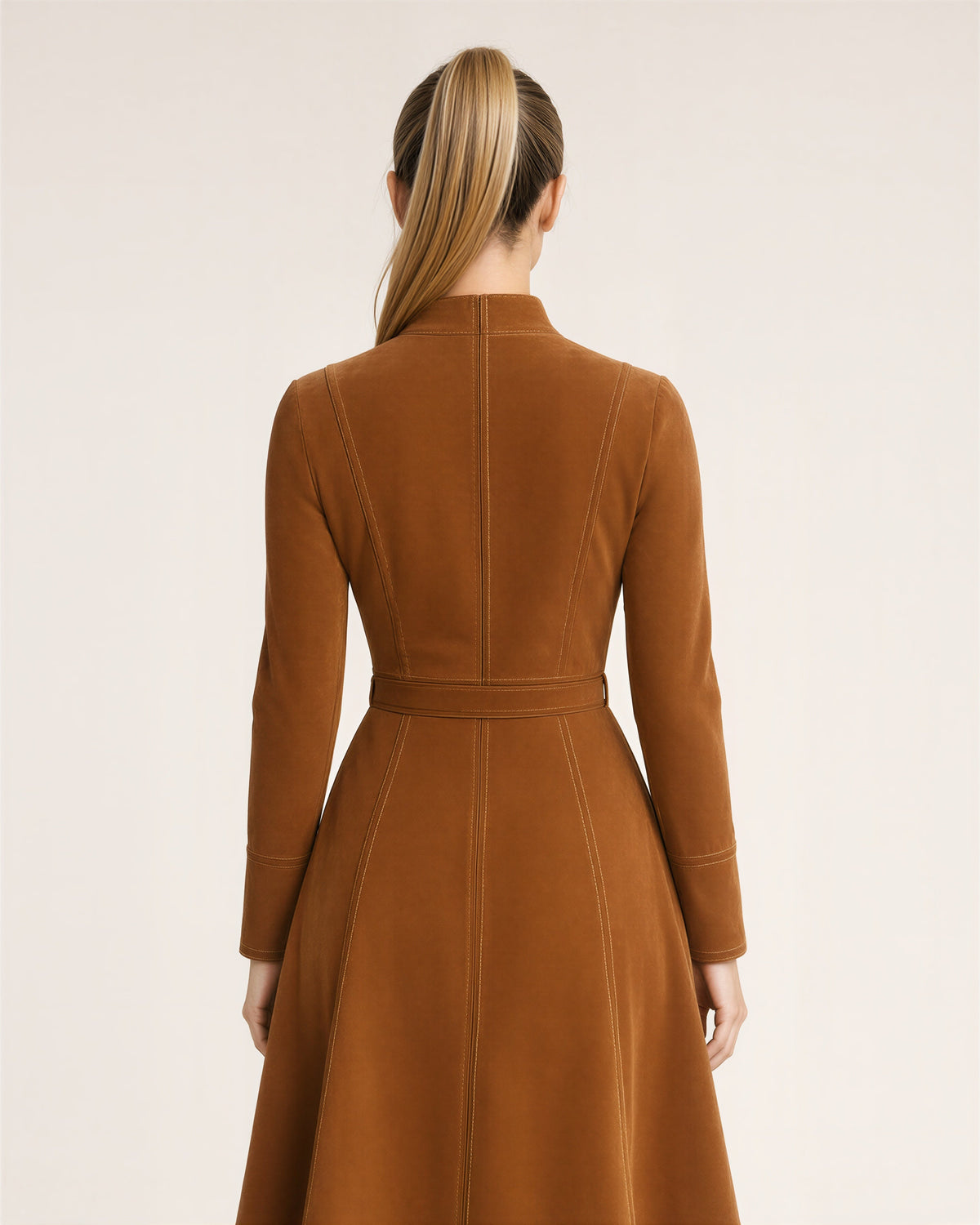 Fulvia Stand Collar Tie Belt Faux Suede Midi Dress, caramel, back view