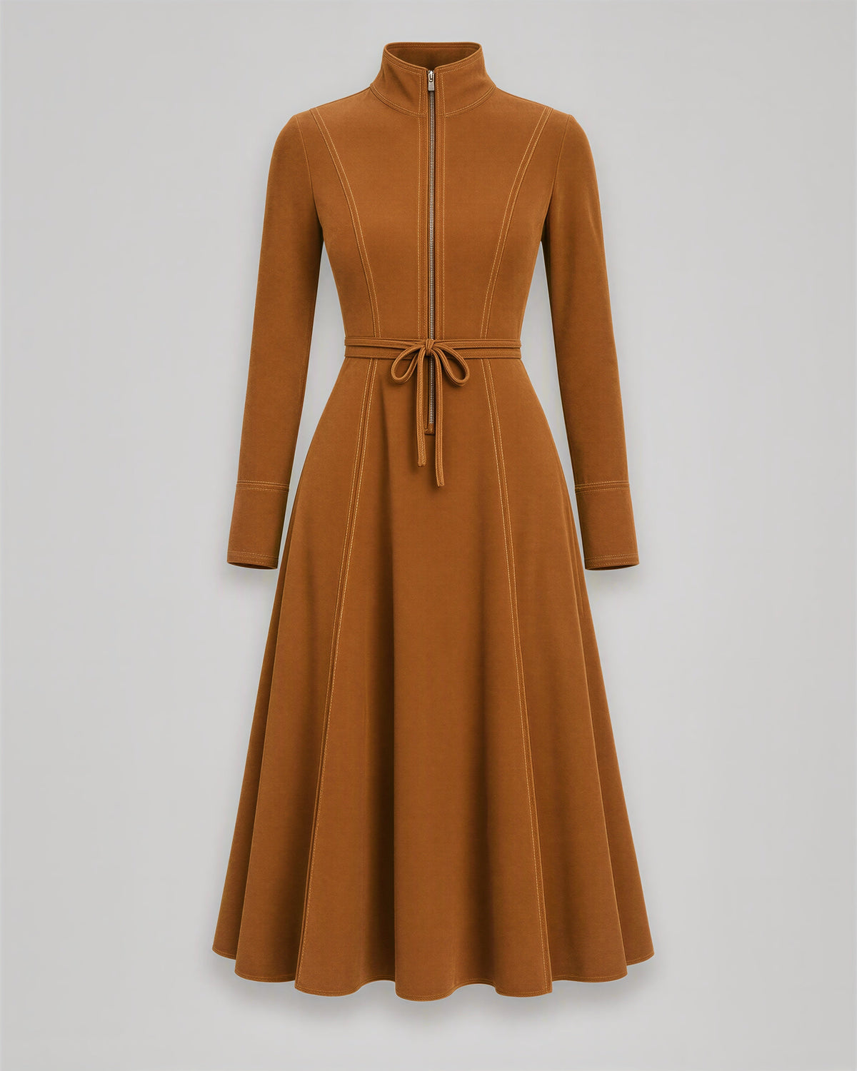 Fulvia Stand Collar Tie Belt Faux Suede Midi Dress, caramel, product view without a model