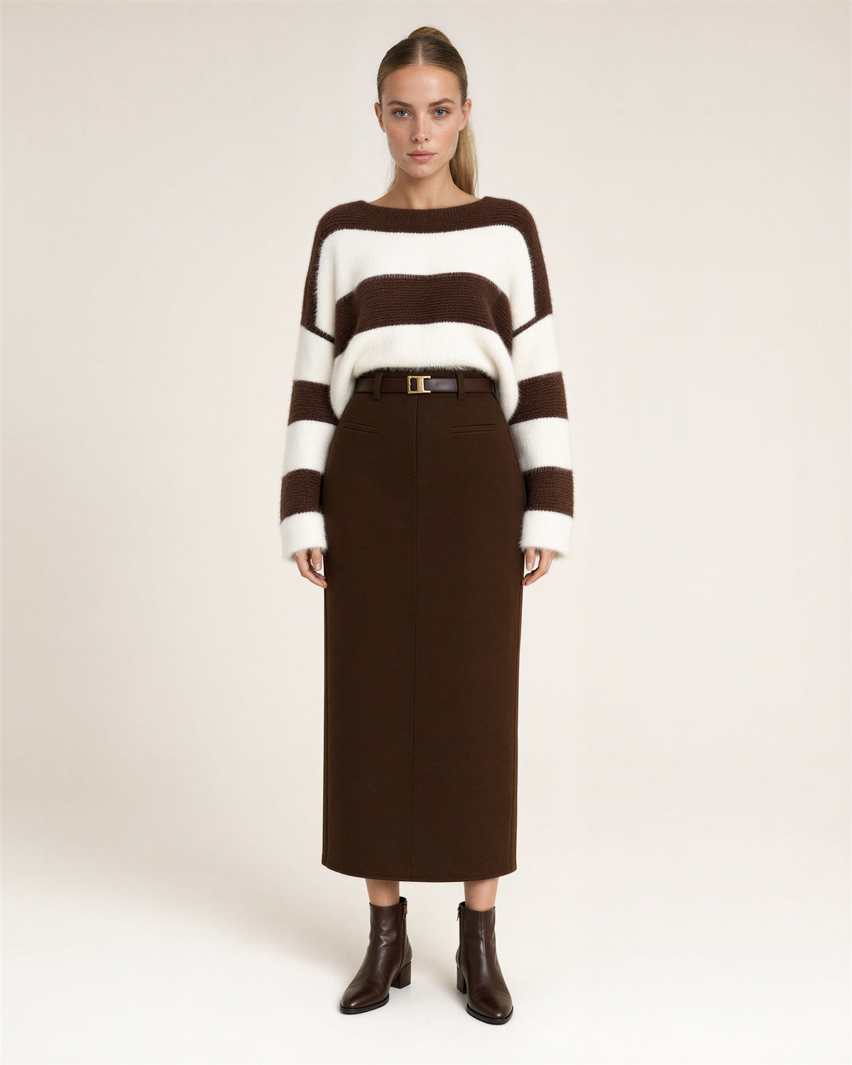 Gianna Striped Sweater and Long Pencil Skirt Set, brown ecru, full length front view